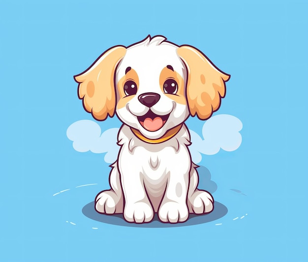 Un perro de dibujos animados con un fondo azul que dice "perro feliz"