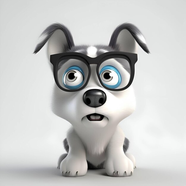 Perro de dibujos animados con gafas sobre fondo gris 3D rendering