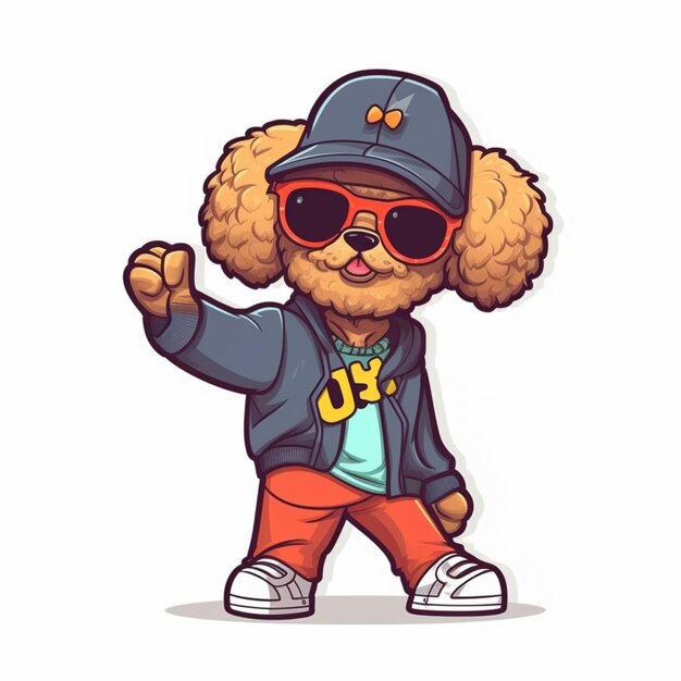 perro de dibujos animados con gafas de sol y una gorra agitando generativo ai