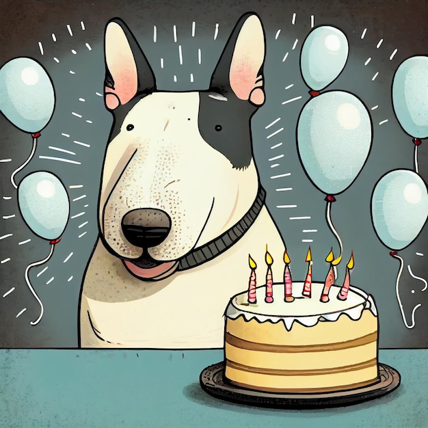 Un perro de dibujos animados con un pastel de cumpleaños y un pastel de cumpleaños.