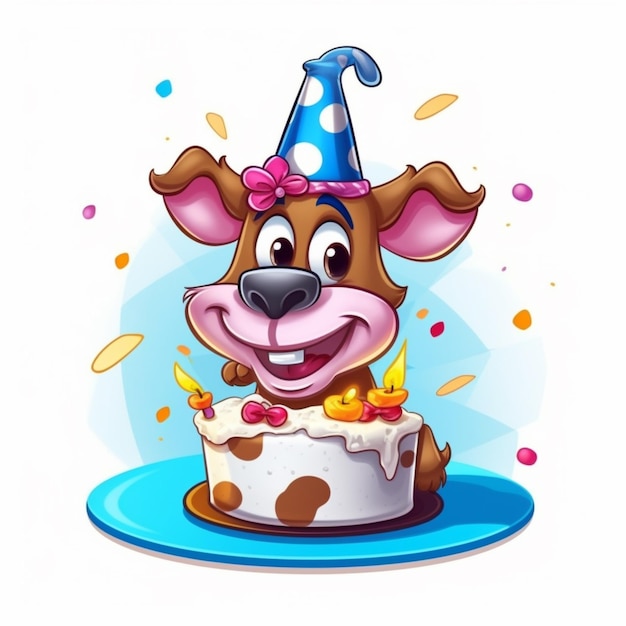 Perro de dibujos animados con pastel de cumpleaños y sombrero de fiesta
