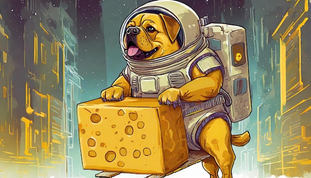 un perro de dibujos animados con un queso en la boca y un perro en un traje espacial