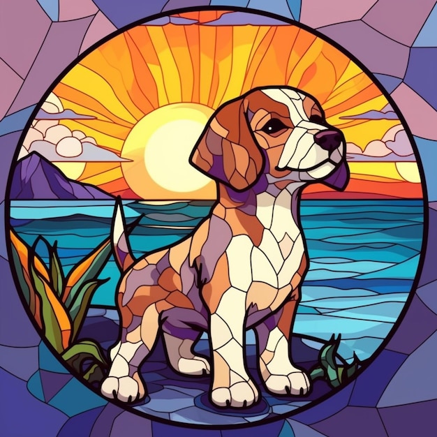un perro de dibujos animados sentado en la playa en vitrales generativos ai