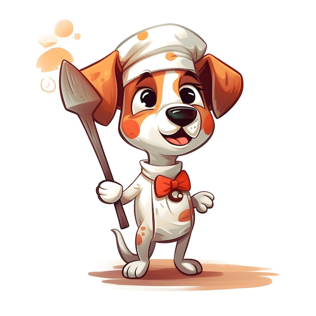 Un perro de dibujos animados con un sombrero de chef y una espátula en la mano.