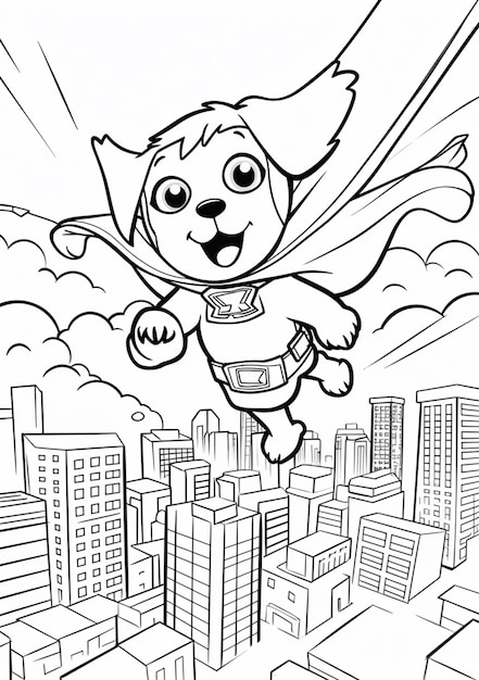 Foto un perro de dibujos animados volando sobre una ciudad con una capa generativa ai