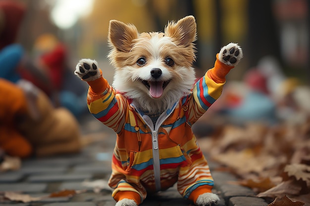 un perro con un disfraz divertido y caminando generado por IA