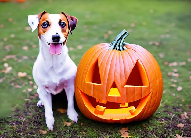 Perro con disfraz de fantasma sentado entre calabazas para Halloween