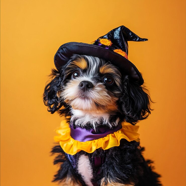 un perro con un disfraz de Halloween se sienta en una mesa