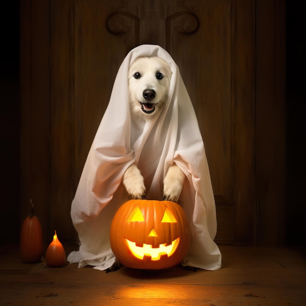 Perro disfrazado de calabaza tallada