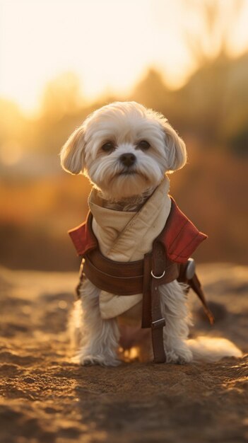 Un perro disfrazado de star wars se sienta en la playa.