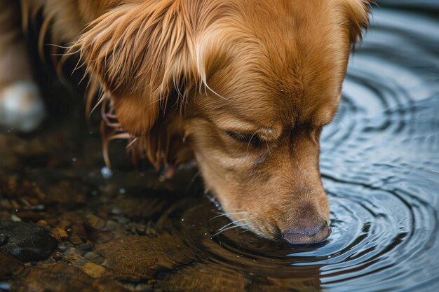 Un perro disfrutando de una bebida refrescante junto al río