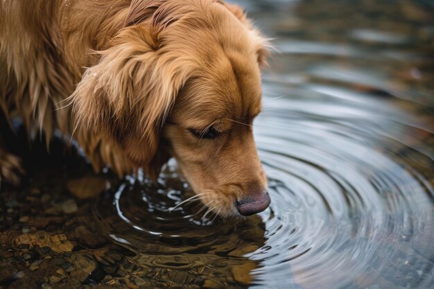 Un perro disfrutando de una bebida refrescante junto al río