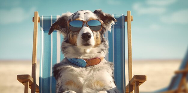 Perro divertida playa relajarse vacaciones de verano mascota perezosa silla gafas de sol IA generativa