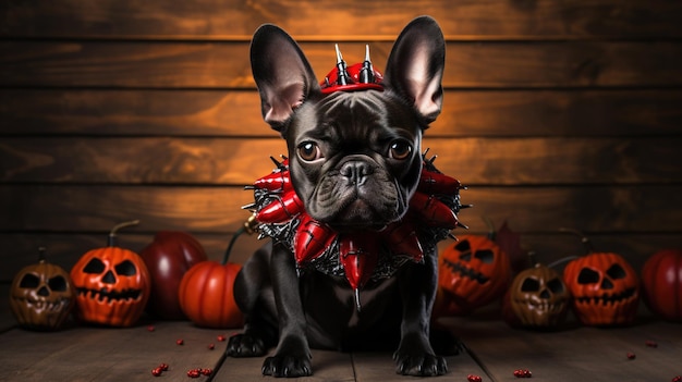Perro divertido disfrazado de bulldog francés negro de Halloween con calabazas AI generativo Retrato de cachorro de mascota sobre fondo de madera Concepto de otoño y octubre de vacaciones de animales de fiesta de Hallowen