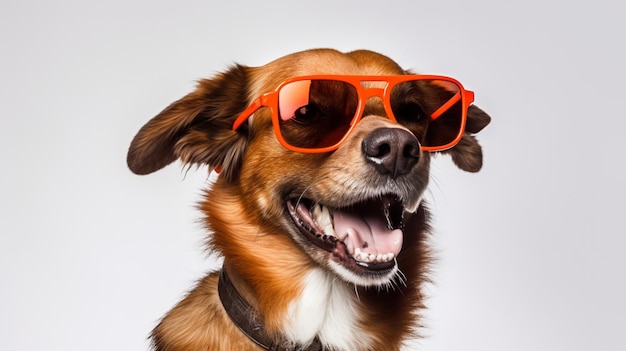 Perro divertido y feliz con gafas de sol generativas de IA transparentes