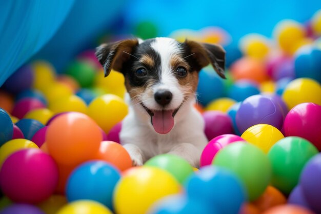 Perro divertido y juguetón en una piscina de bolas coloridas