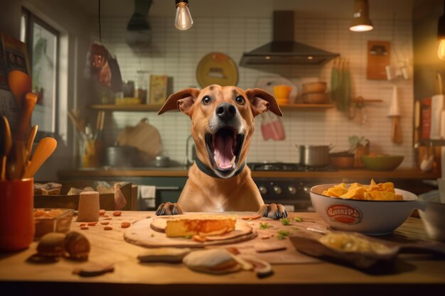 Perro divertido en la mesa de la cocina ai generativo.