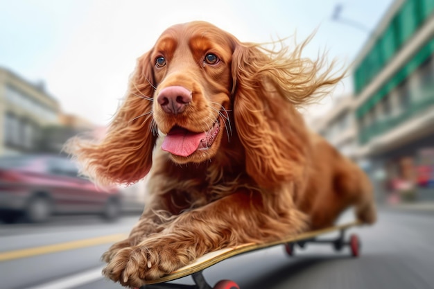 Perro divertido monta una patineta