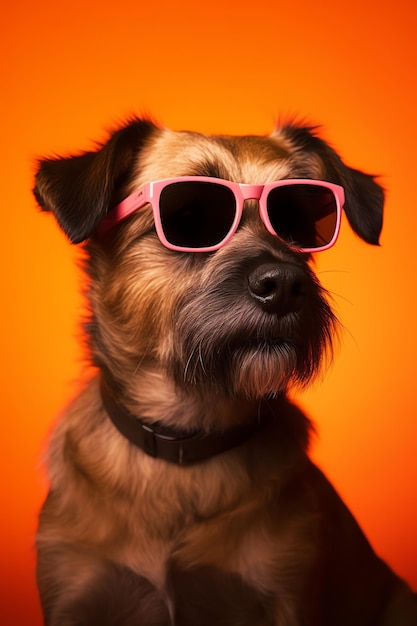 Un perro divertido vestido con gafas de sol en el fondo amarillo o iluminador Concepto de vacaciones de verano