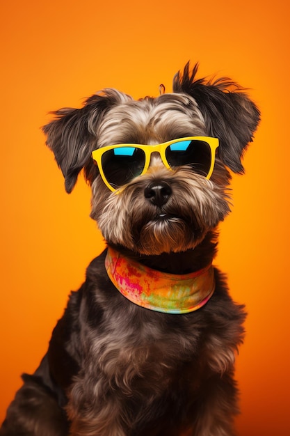 Un perro divertido vestido con gafas de sol en el fondo amarillo o iluminador Concepto de vacaciones de verano