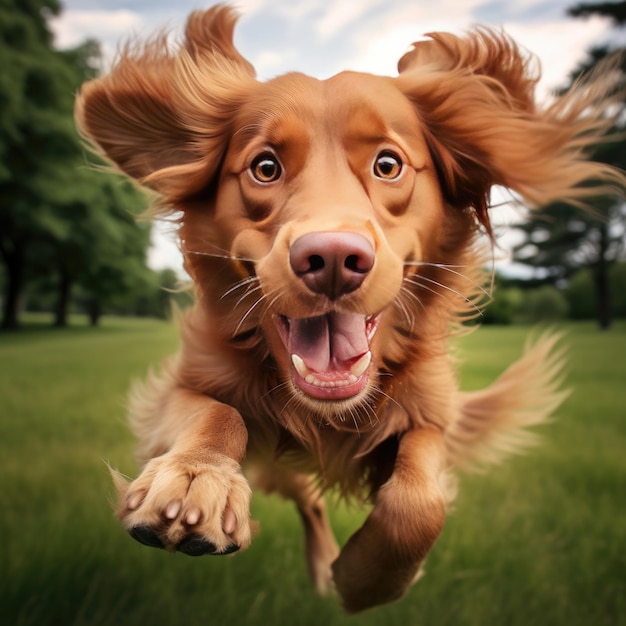 Perro divirtiéndose y corriendo hacia la cámara babeando volando sobre un césped verde Ai generativo