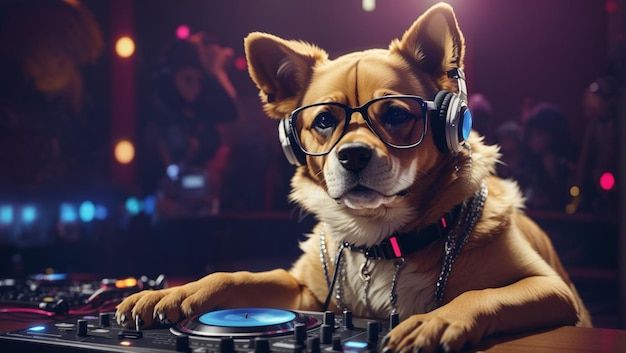 Foto perro dj con luces y auriculares