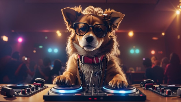 Foto perro dj con luces y auriculares