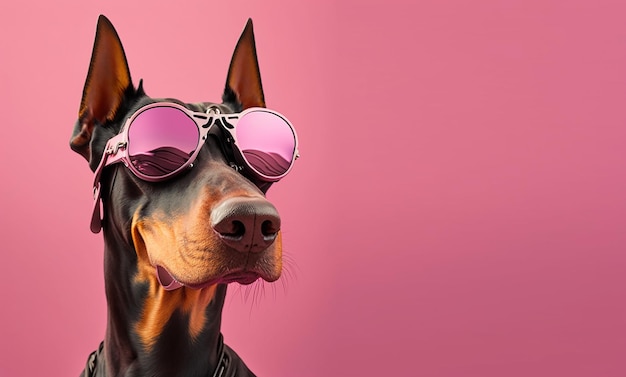 Un perro doberman con gafas de sol y un fondo rosa.