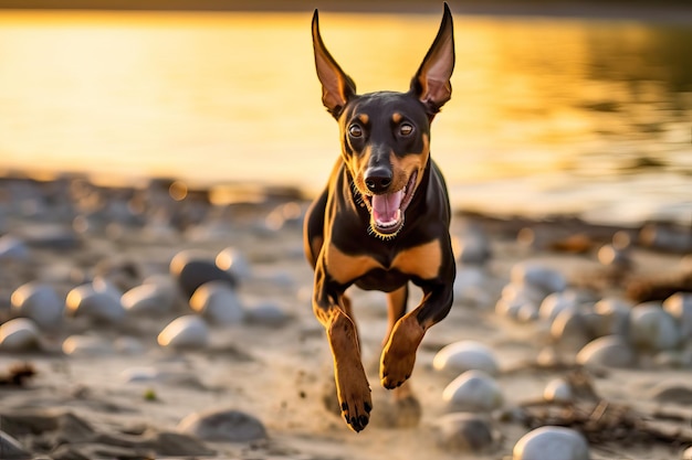 El perro Doberman Pinscher corriendo en la playa de arena