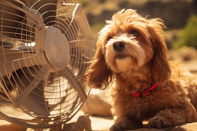 Perro doméstico que busca un respiro de la IA que genera el calor del verano