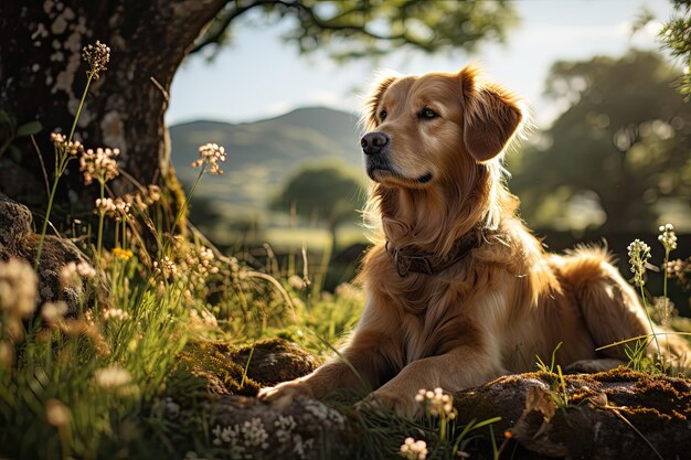 El perro dorado se relaja bajo un árbol rodeado de naturaleza generativa IA