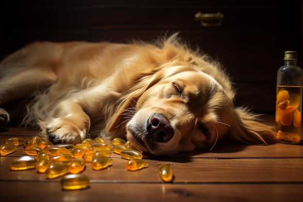 Foto perro dormido con medicina y botella de aceite