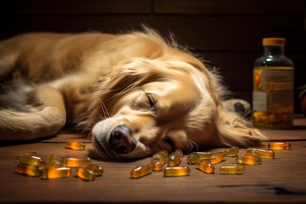 Foto perro dormido con medicina y botella de aceite