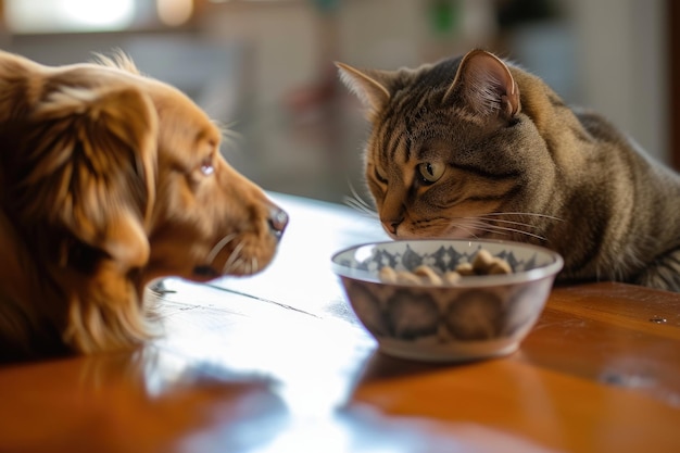 Foto un perro y dos gatitos comiendo de un cuenco