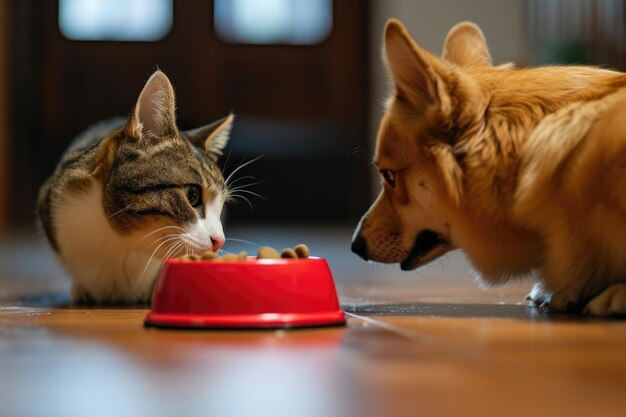 un perro y dos gatitos comiendo de un cuenco