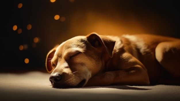 Un perro duerme frente a una chimenea.