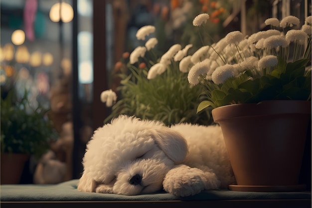Un perro duerme junto a una planta en maceta.