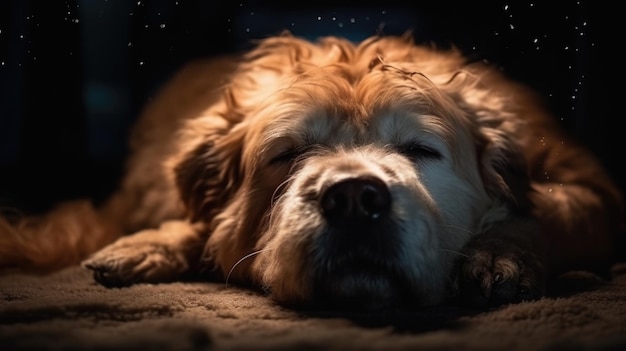 Un perro duerme en la oscuridad con una luz encendida.