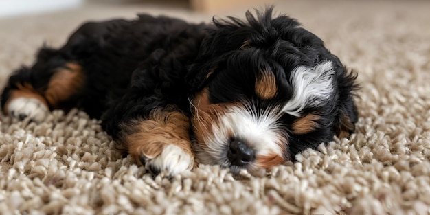 Foto un perro durmiendo en una alfombra con una cara negra y blanca