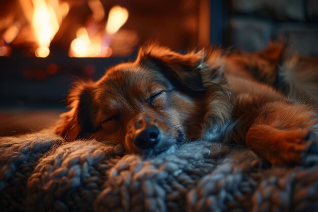 Perro durmiendo en una manta junto a la chimenea