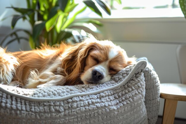 Perro durmiendo pacíficamente en su suave y acogedora cama IA generativa
