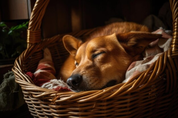 Un perro durmiendo plácidamente en una canasta creada con IA generativa