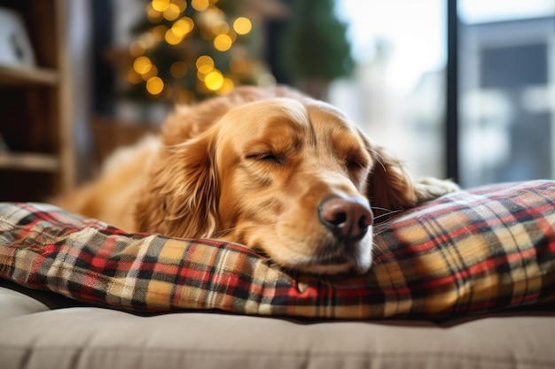 Un perro durmiendo una siesta en una acogedora cama para mascotas