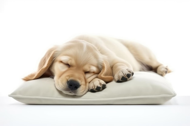 Perro durmiendo sobre una almohada sobre fondo blanco IA generativa