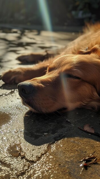 Foto un perro durmiendo en el suelo con una cadena alrededor de su cuello