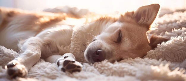 Foto perro durmiente en una manta esponjosa