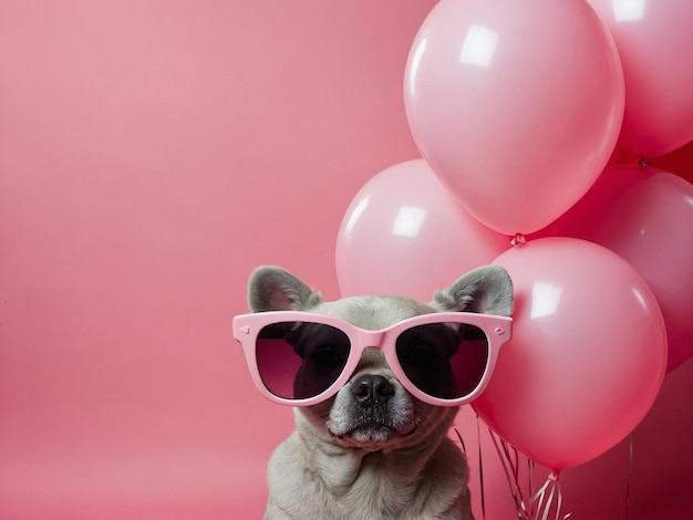 Perro elegante con gafas de sol rodeado de globos rosados
