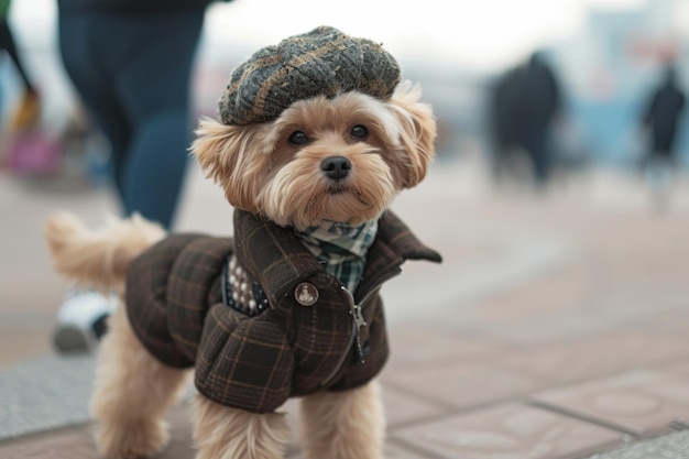 Un perro elegante paseando por una pista en miniatura que muestra una variedad de ropa y accesorios para mascotas