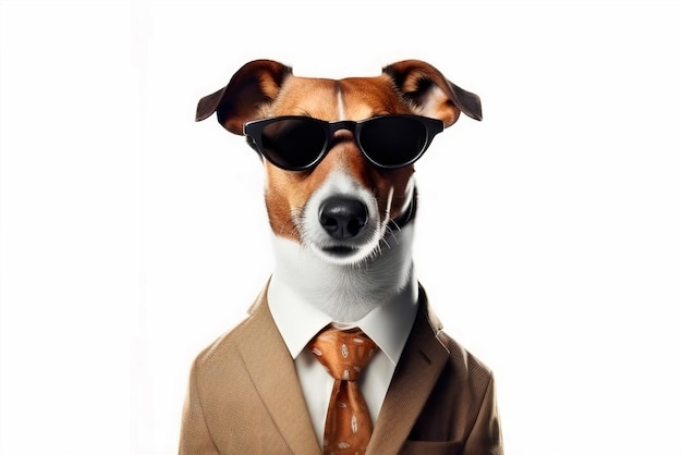 Perro empresario en gafas de sol y traje de negocios aislado sobre fondo blanco IA generativa