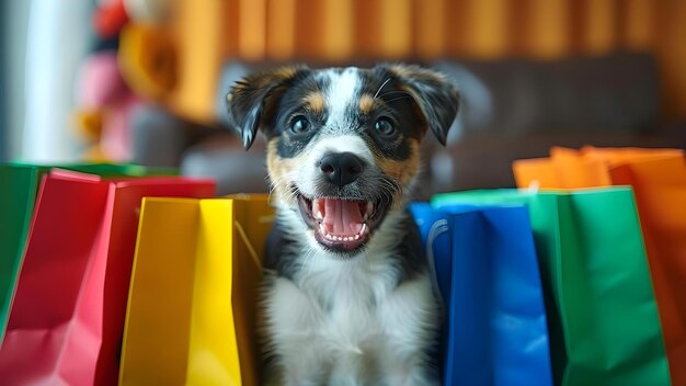 Foto perro enérgico con bolsas de compras vibrantes encarna la alegría de un viaje de compras exitoso concepto de compras aventura fotografía de mascotas colores vibrantes momentos alegres